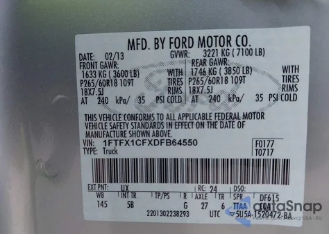 2013 Ford F-150 Fx2 z USA, uszkodzony, nr VIN 1FTFX1CFXDFB64550